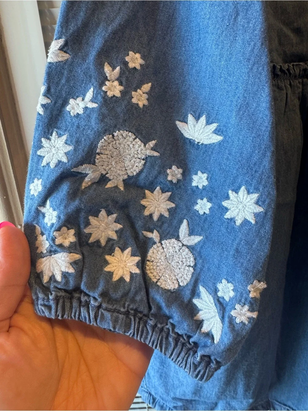 Mud Pie Girls Chambray Embroidered Dress 5T Blue Long Sleeve Floral Sleeve